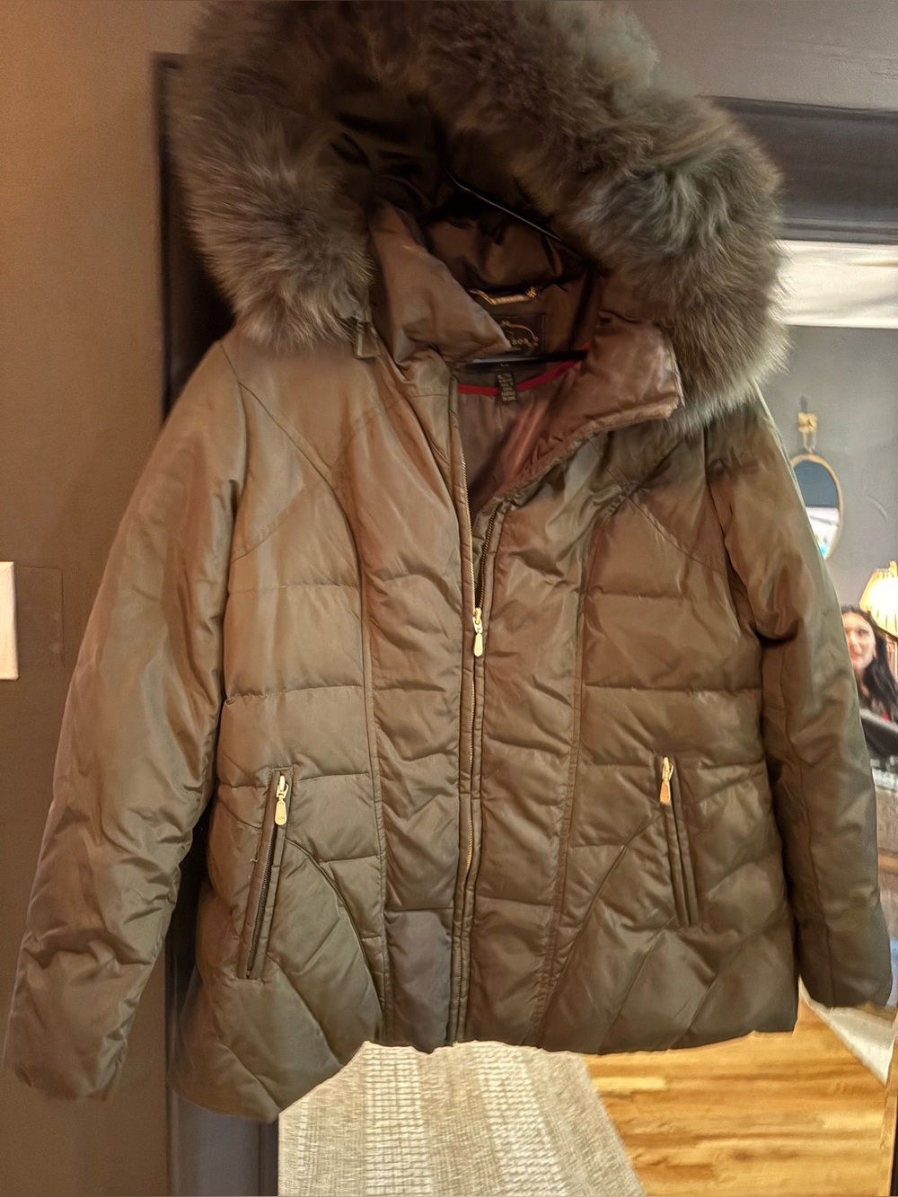 Madison Olive Green Quilted Puffer Jacket with Faux Fur Hood
